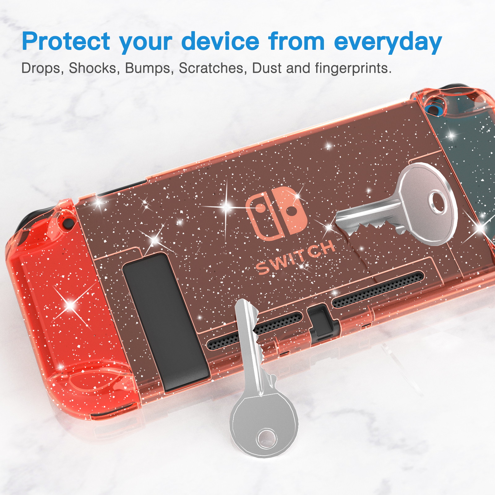 HEYSTOP Case Compatible with Nintendo Switch Dockable, Protective PC Cover Compatible with Nintendo Switch and Joy Con Controller with a Switch Screen Protector and 4 Thumb Stick Caps (Red Glitter)