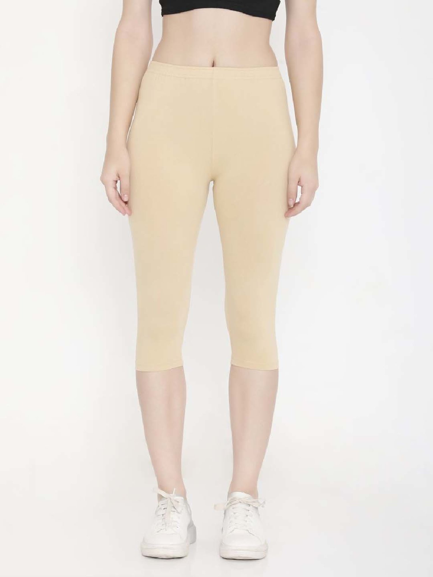 FEELINGS Beige Cotton Plain Capris