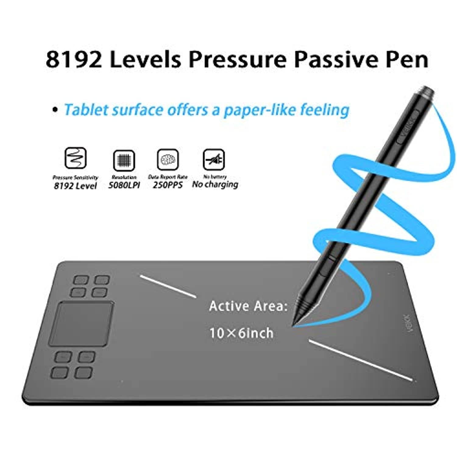 VEIKK A50 Graphics Drawing Tablet with 8192 Pressure Sensitivity (Battery-Free Passive Pen) (M4-A50)