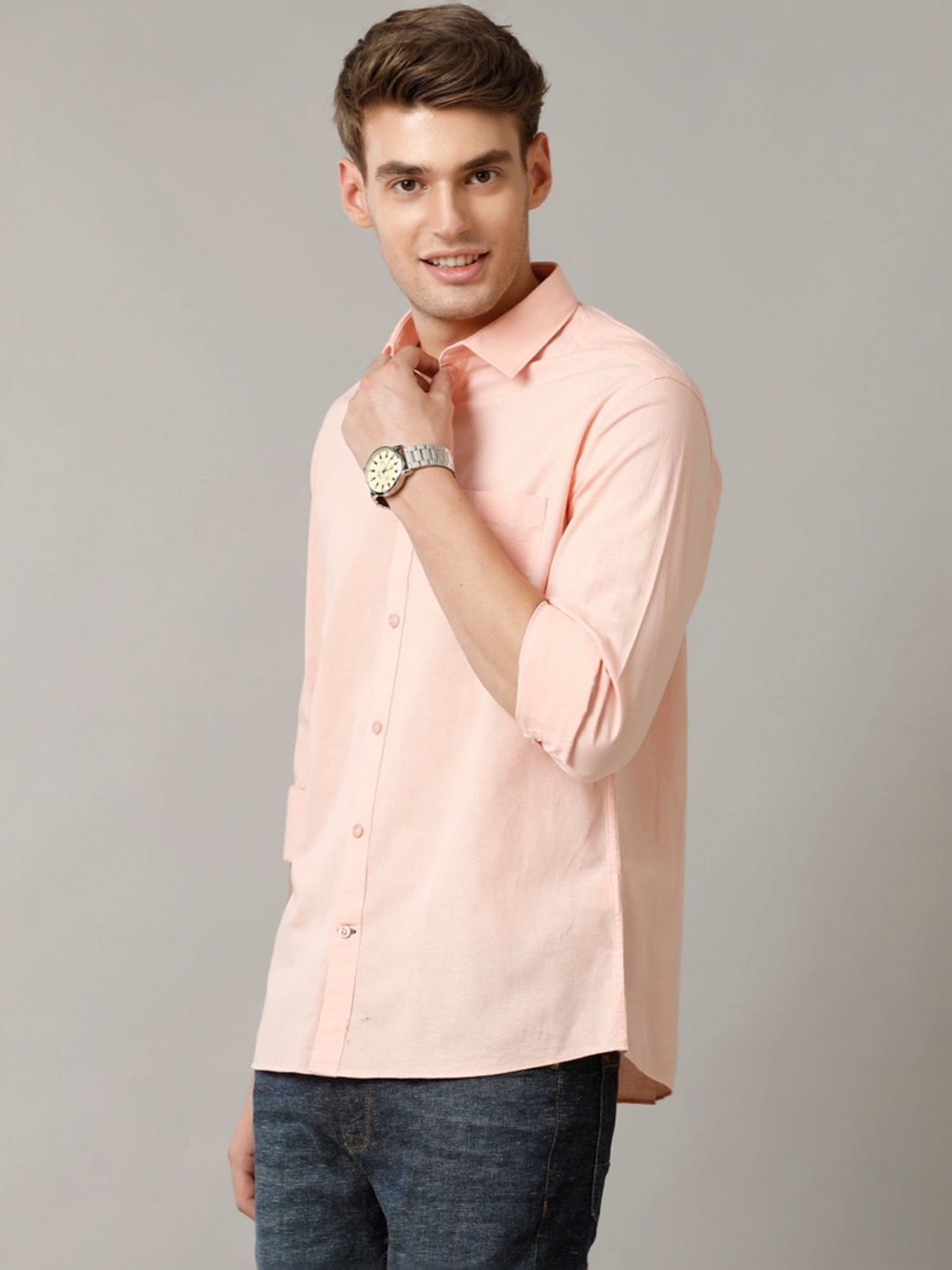 Cavallo By Linen Club Peach Linen Contemporary Fit Shirt