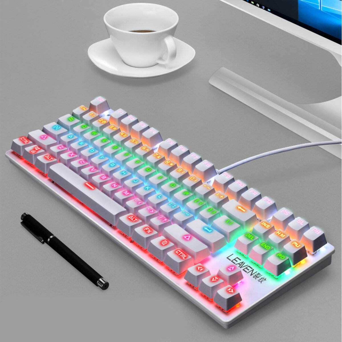 CUUWE K550 87 Keys Wired Mechanical Keyboard Blue Switch Waterproof 19 RGB Backlight Gaming Keyboard for Windows XP/7/8/10 Systems