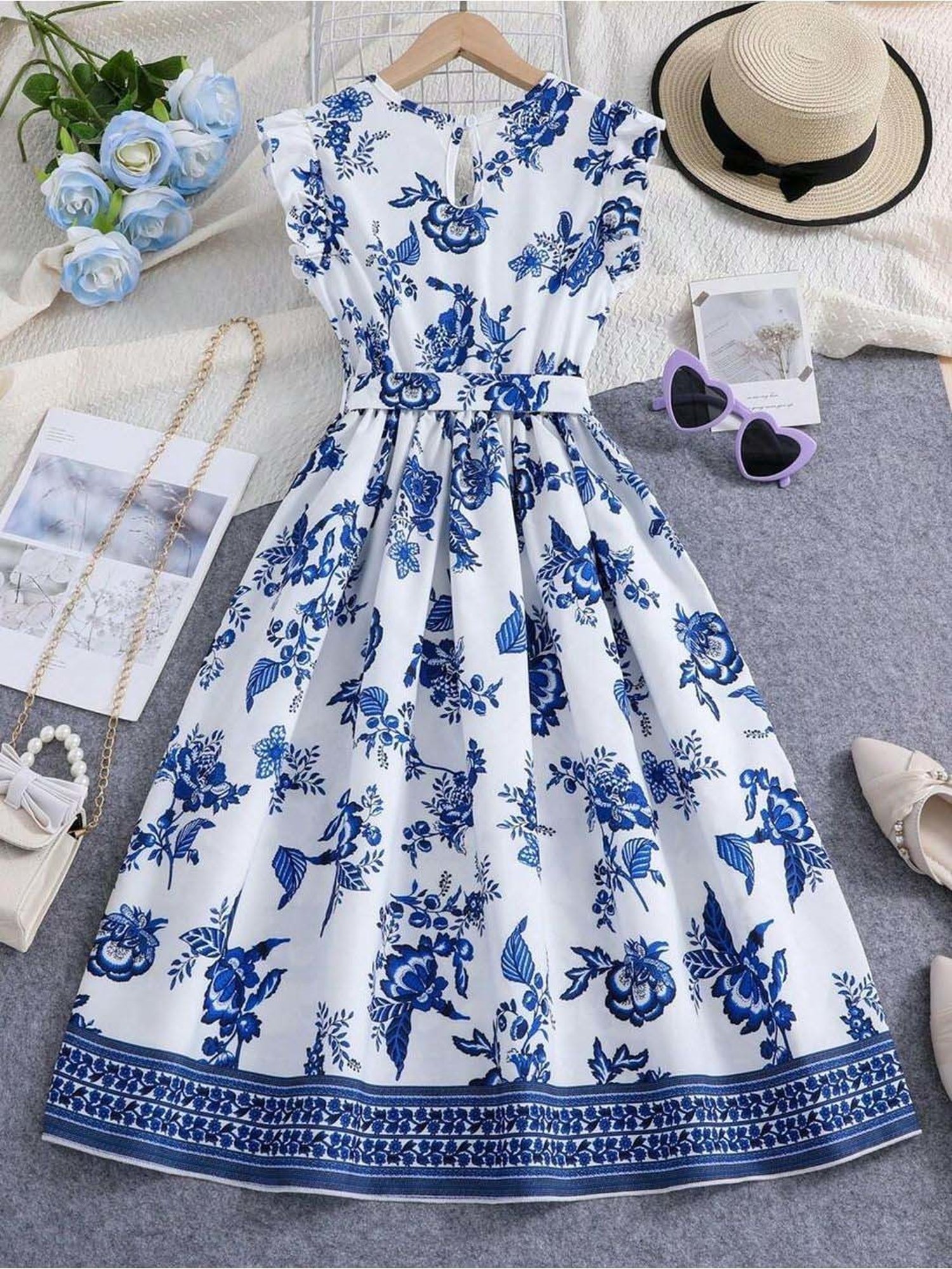 Bolly Lounge Girls Sky Blue & White Floral Dress