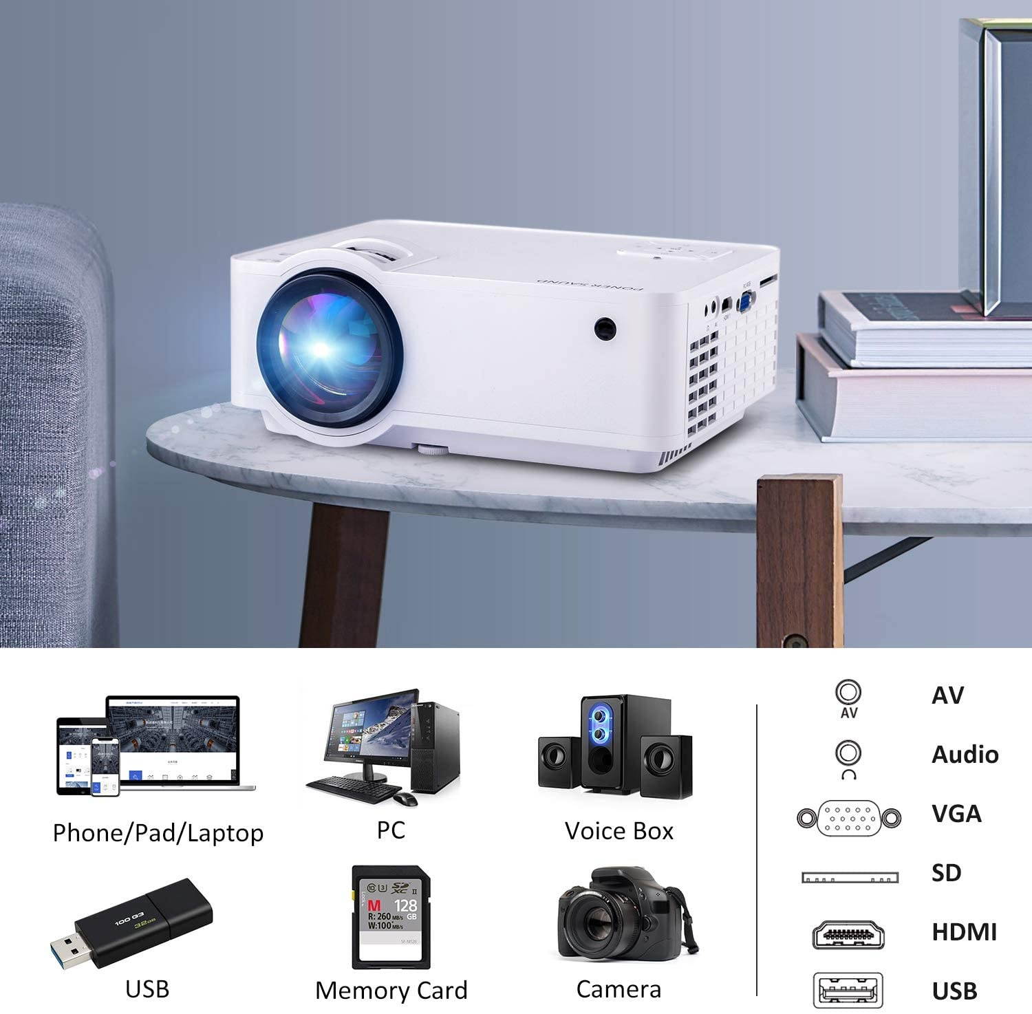 PONER SAUND Mini Projector 5500 Lux 210" 1080P Supported, 52000 Hrs LED Movie Projector, Compatible with Phone Computer Laptop USB HDMI VGA