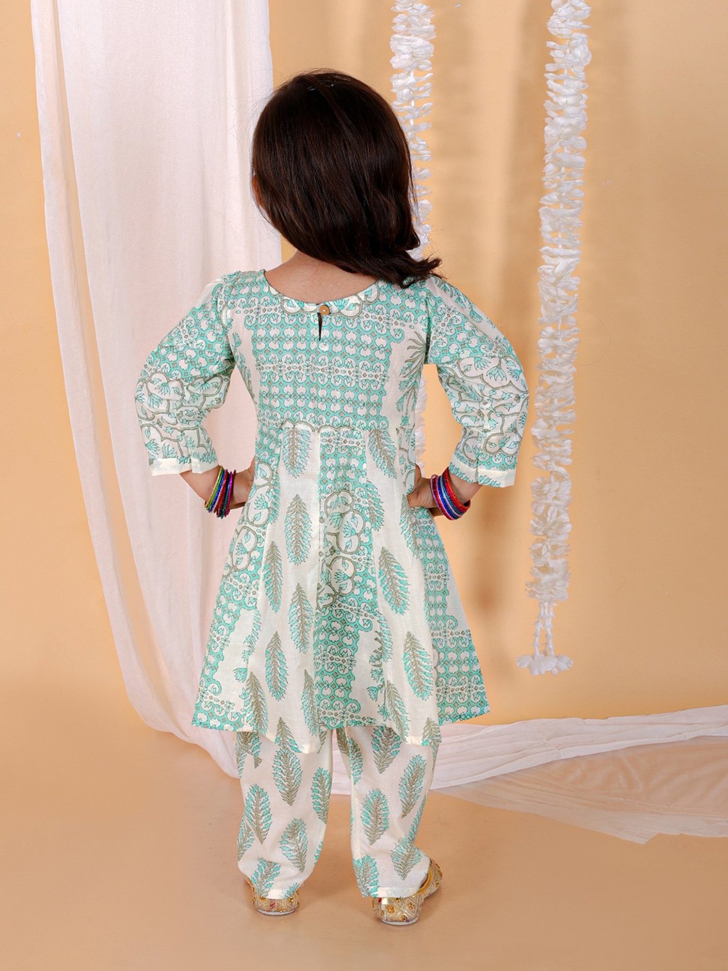 The Mom Store Kids Light Blue & White Floral Print Anarkali Kurta with Pants
