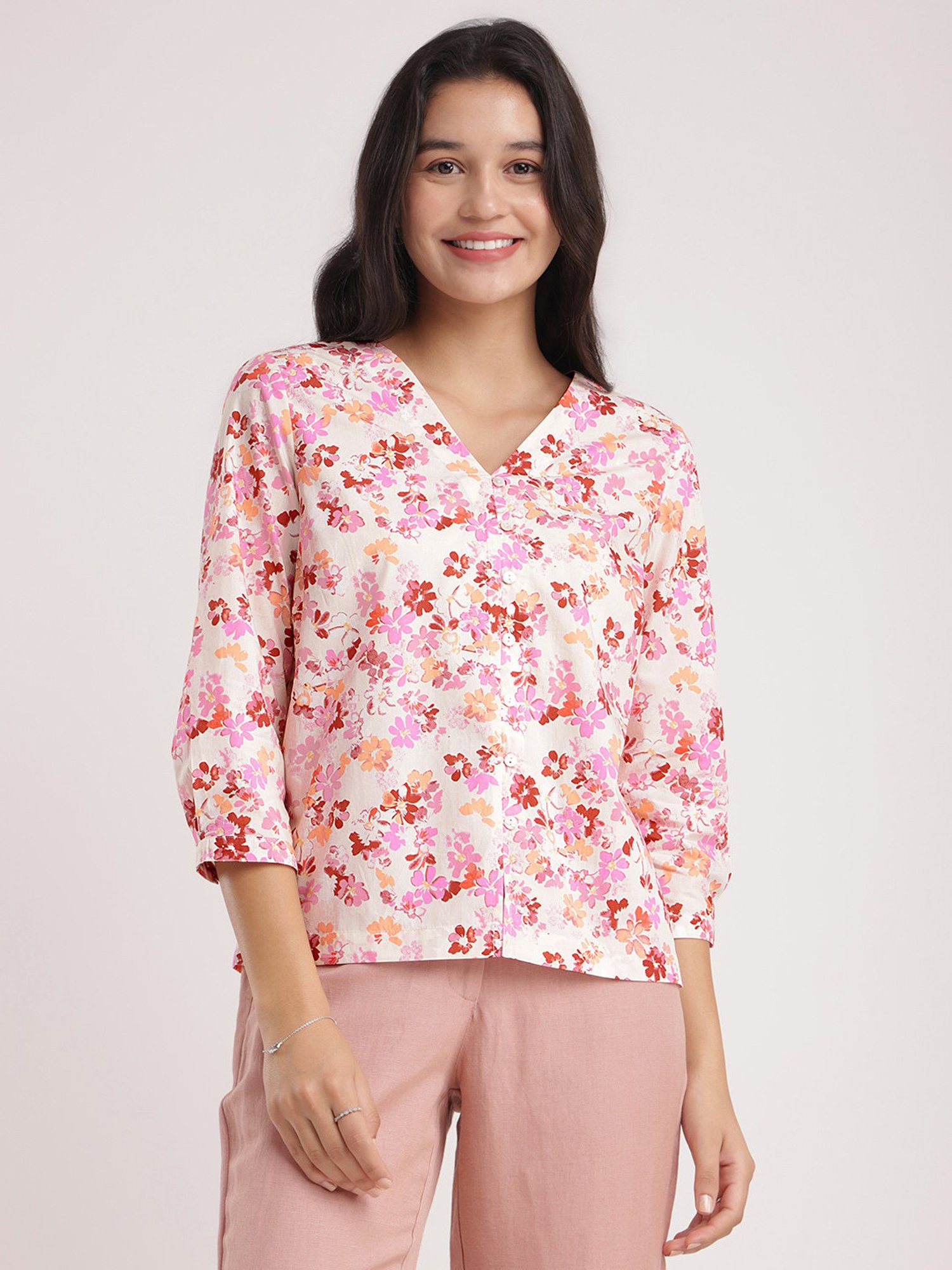 Fablestreet Off White & Pink Cotton Floral Print Top