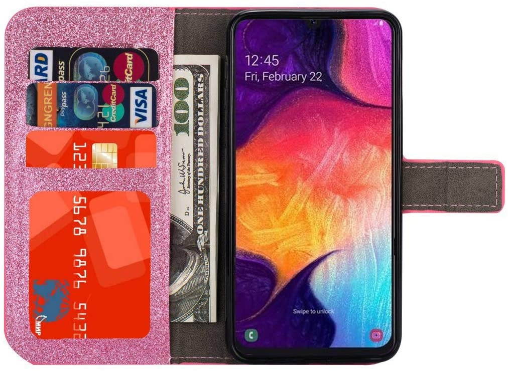 Amocase Glitter Case with 2 in 1 Stylus for Samsung Galaxy A30/A20Luxury Diamond 3D Crystal Butterfly Flower Magnetic Wallet Leather Stand Case for Samsung Galaxy A30/A20 - Pink
