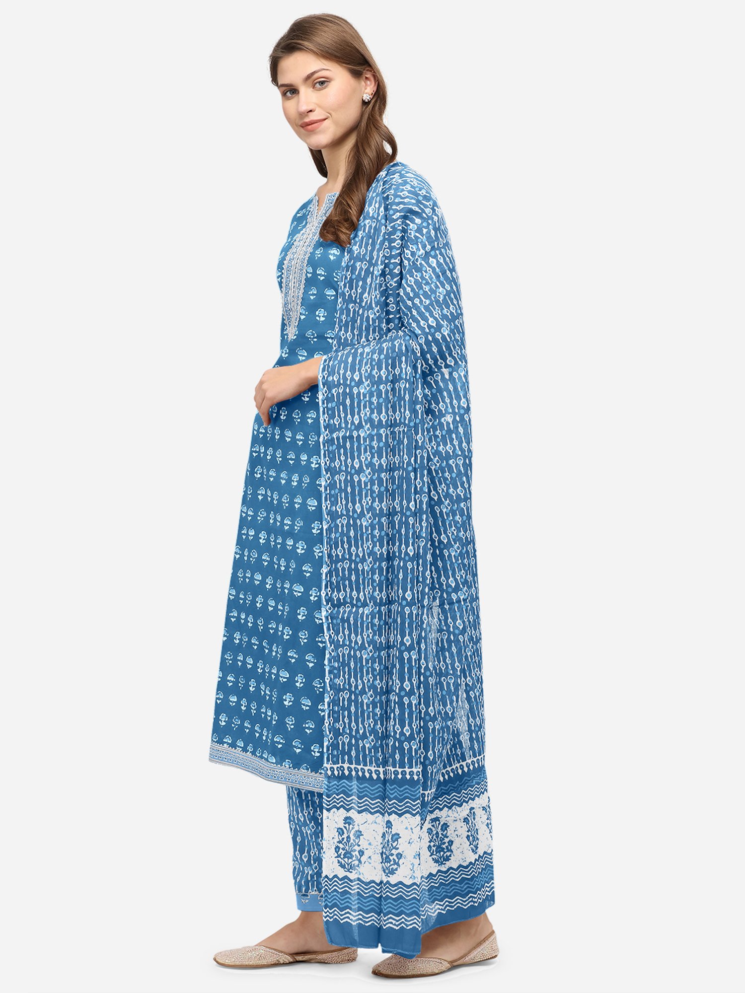 MIRCHI FASHION Cotton Blue Printed Kurta Pant Set With Dupatta