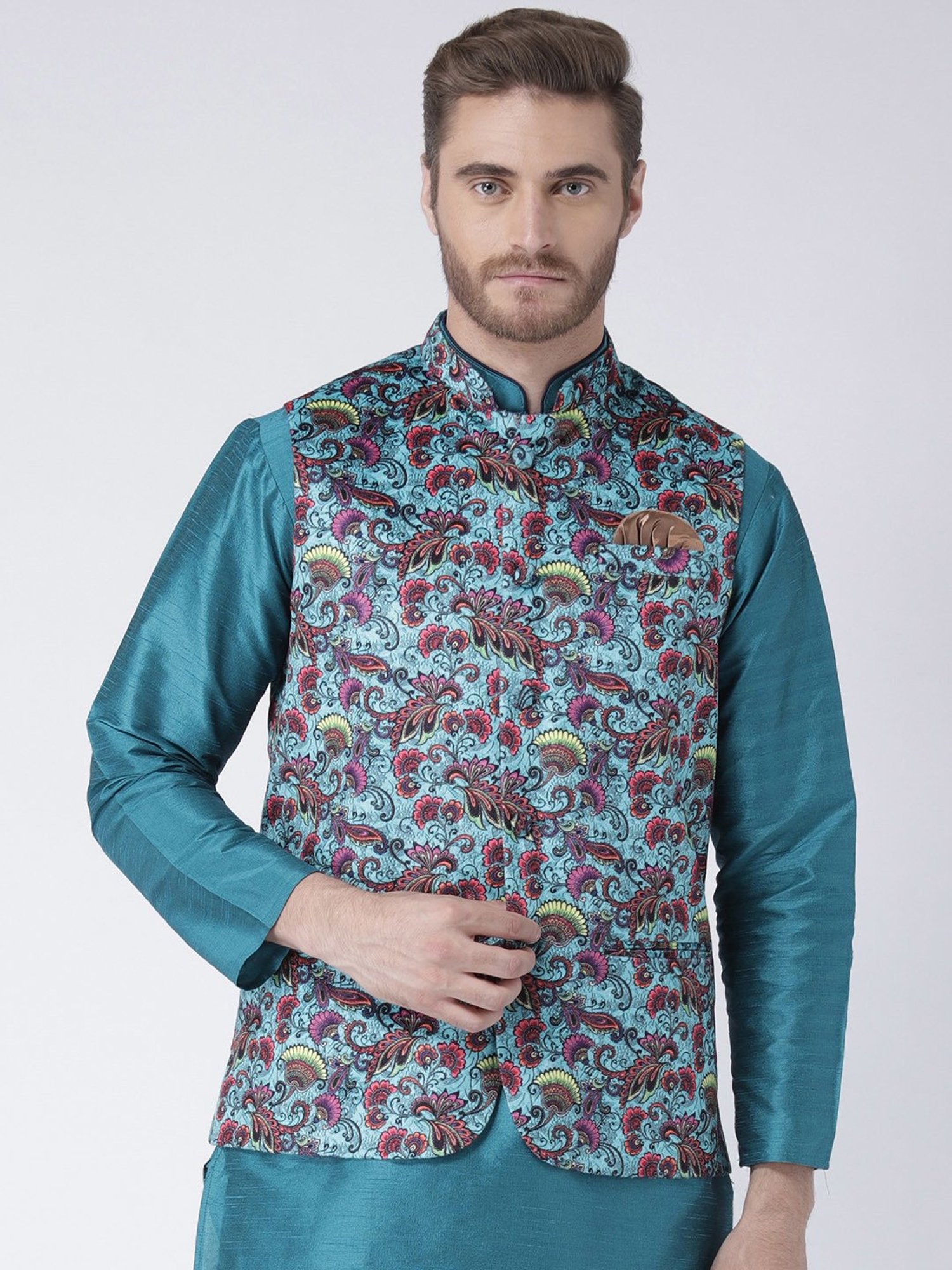 VASTRAMAY Teal Green Regular Fit Printed Nehru Jacket