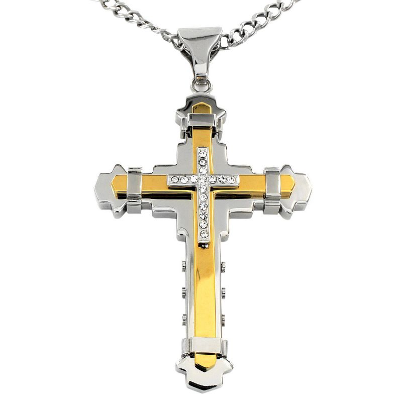 Crucible Men's Cubic Zirconia Two-Tone Stainless Steel Multi-layer Cross Necklace