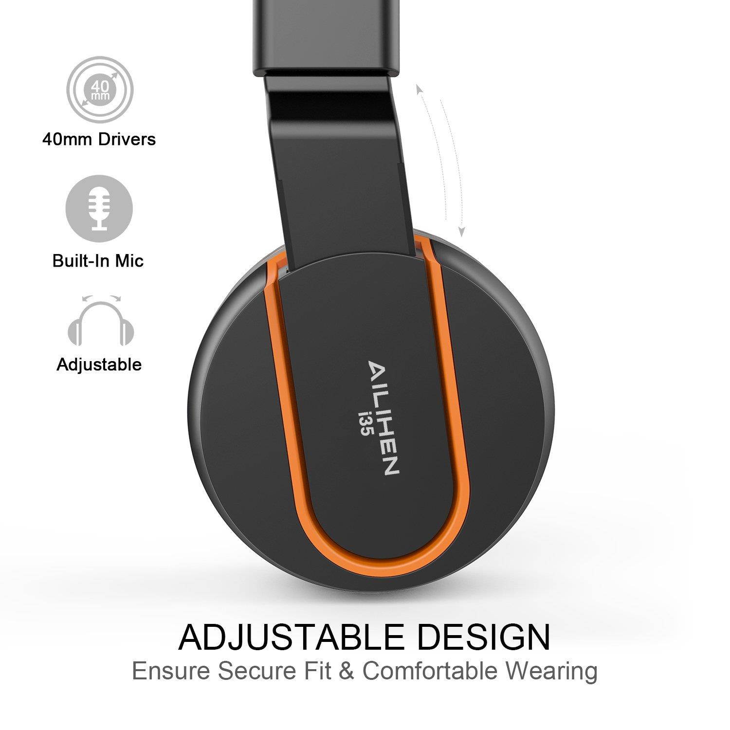 Ailihen I35 Stereo Lightweight Foldable Headphones Adjustable Headband Headsets with Microphone 3.5mm for Cellphones Smartphones iPhone Laptop Computer Mp3/4 Earphones (Black/Orange)