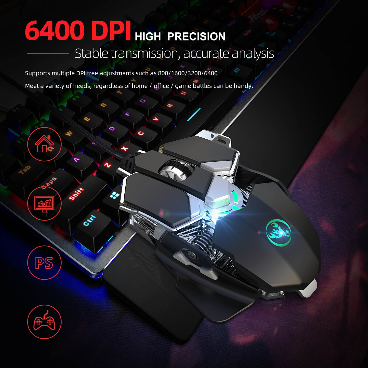 Gaming Mouse LED Backlit 9 Programmable Optical Wired Gaming Mouse with 6400PI, High Precision for Windows Computer Gamer