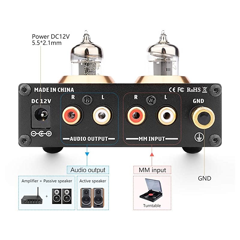 Tube T3 HiFi 6J2 Tube Phono Preamp Stereo Audio Tube Preamplifier with DC 12V Power Supply for Turntable MM Phonograph Record Player System