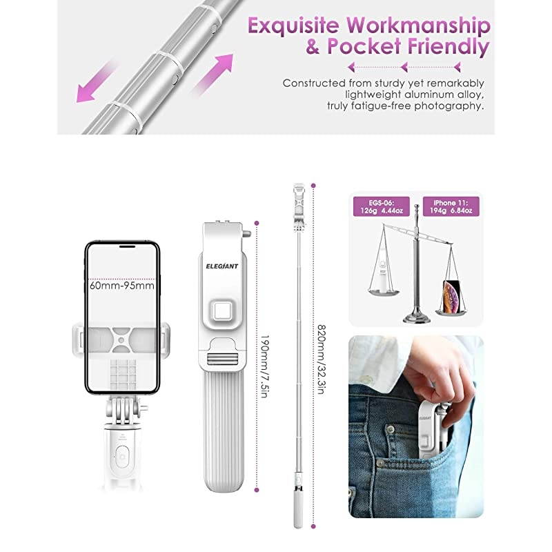 Selfie Stick Tripod,  Lightweight Aluminum All in One Extendable Selfie Stick Bluetooth with Remote Compatible with iPhone 12/12 Pro/XS Max/11/XS/XR/8P, Galaxy S20/S10/S9, Gopro, Small Camera