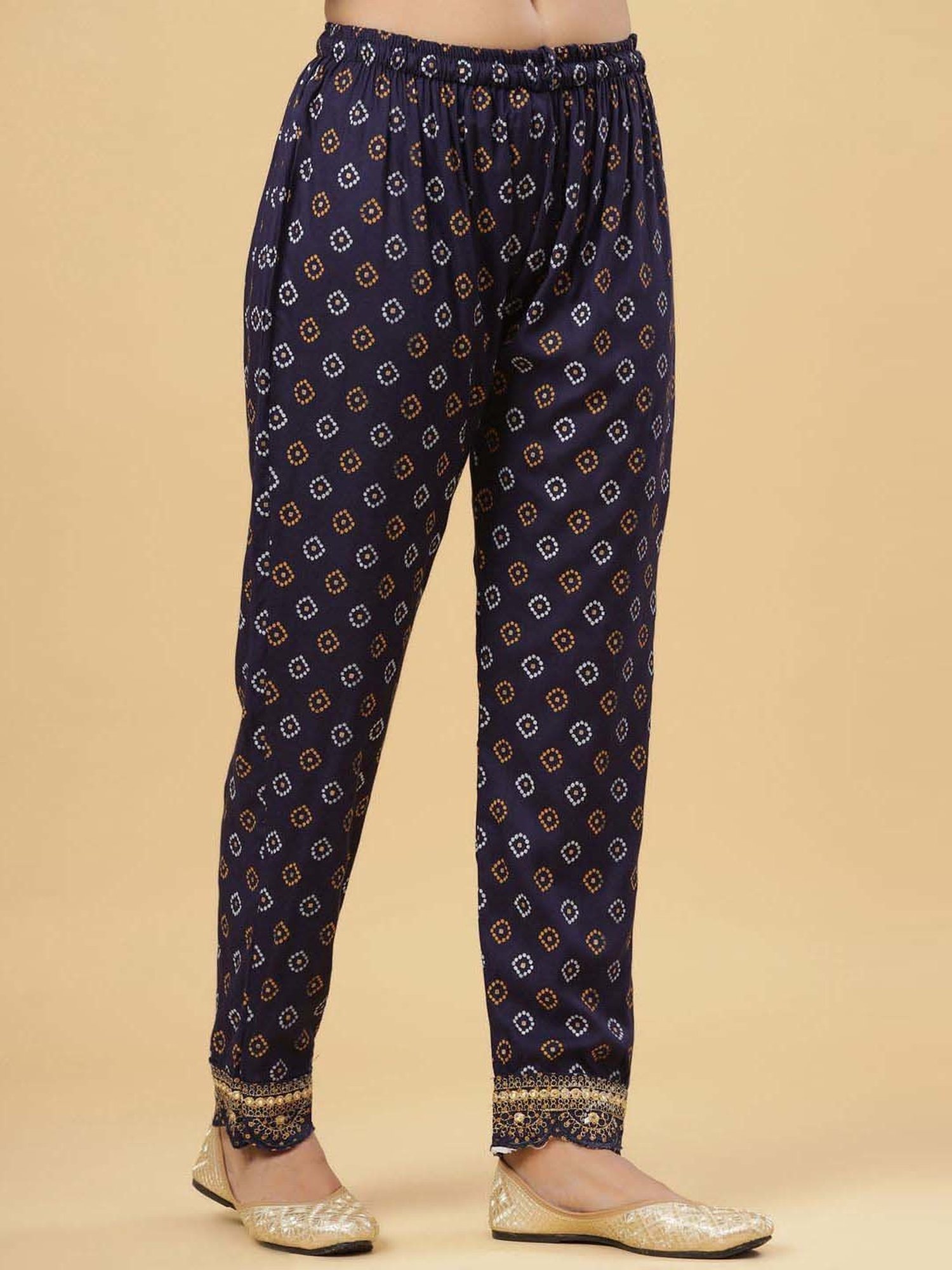 Juniper Navy Blue Bandhani Printed & Embroidered Rayon Kurta Pants Dupatta with Sequins & Zari Work