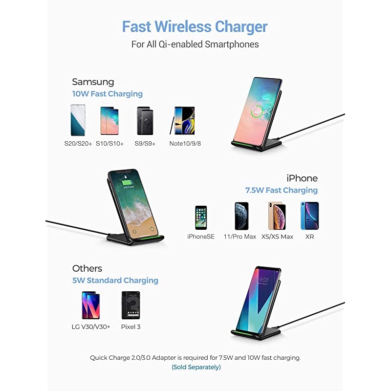 10W Wireless Charger QiCertified for iPhone 1111 Pro MaxXRXS MAXX8Plus FastCharging Stand for Galaxy Note10S10S10S9S9+Note9 Standard for Google Pixel 3 LG V30V40 No Adapter
