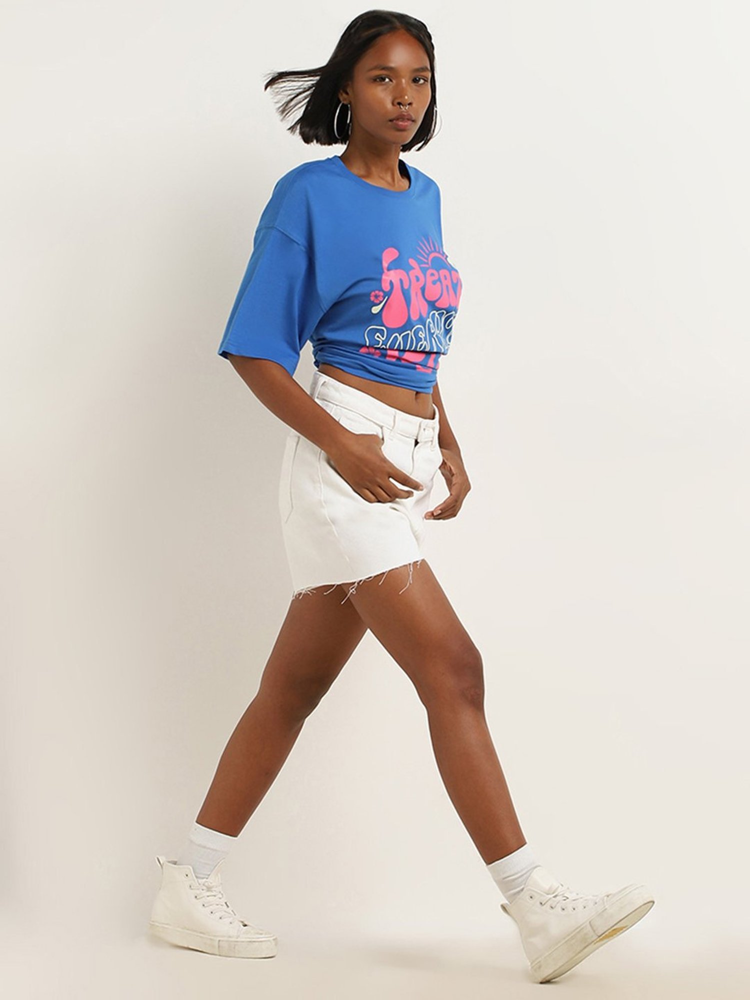 Nuon by Westside Blue Text Design Oversized Cotton T-Shirt