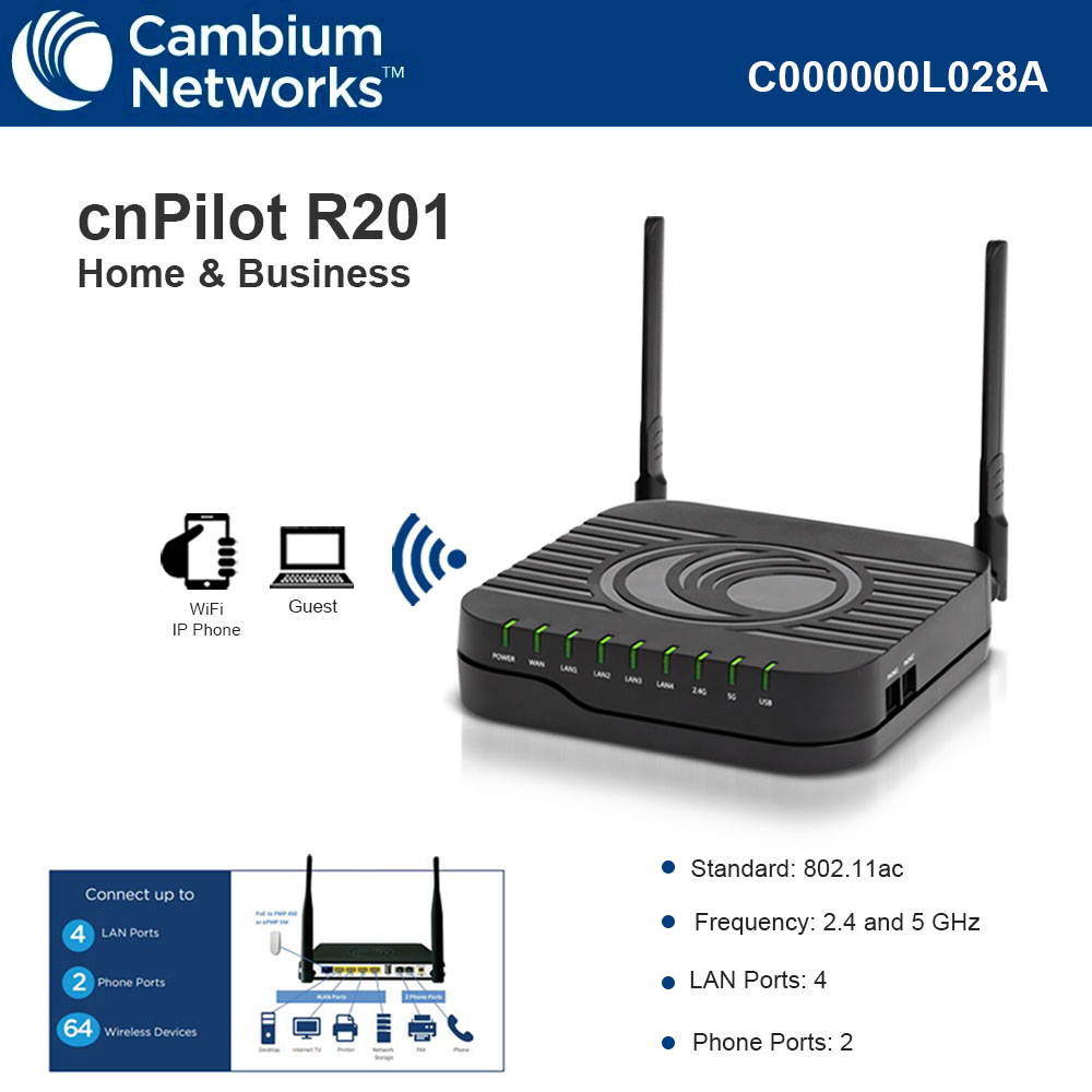 cambium networks cnpilot r201 dual band router for home and business clients  2.4 ghz and 5 ghz  gigabit wlan router with ata voice  cloud managed  us cord 802.11ac c000000l028a