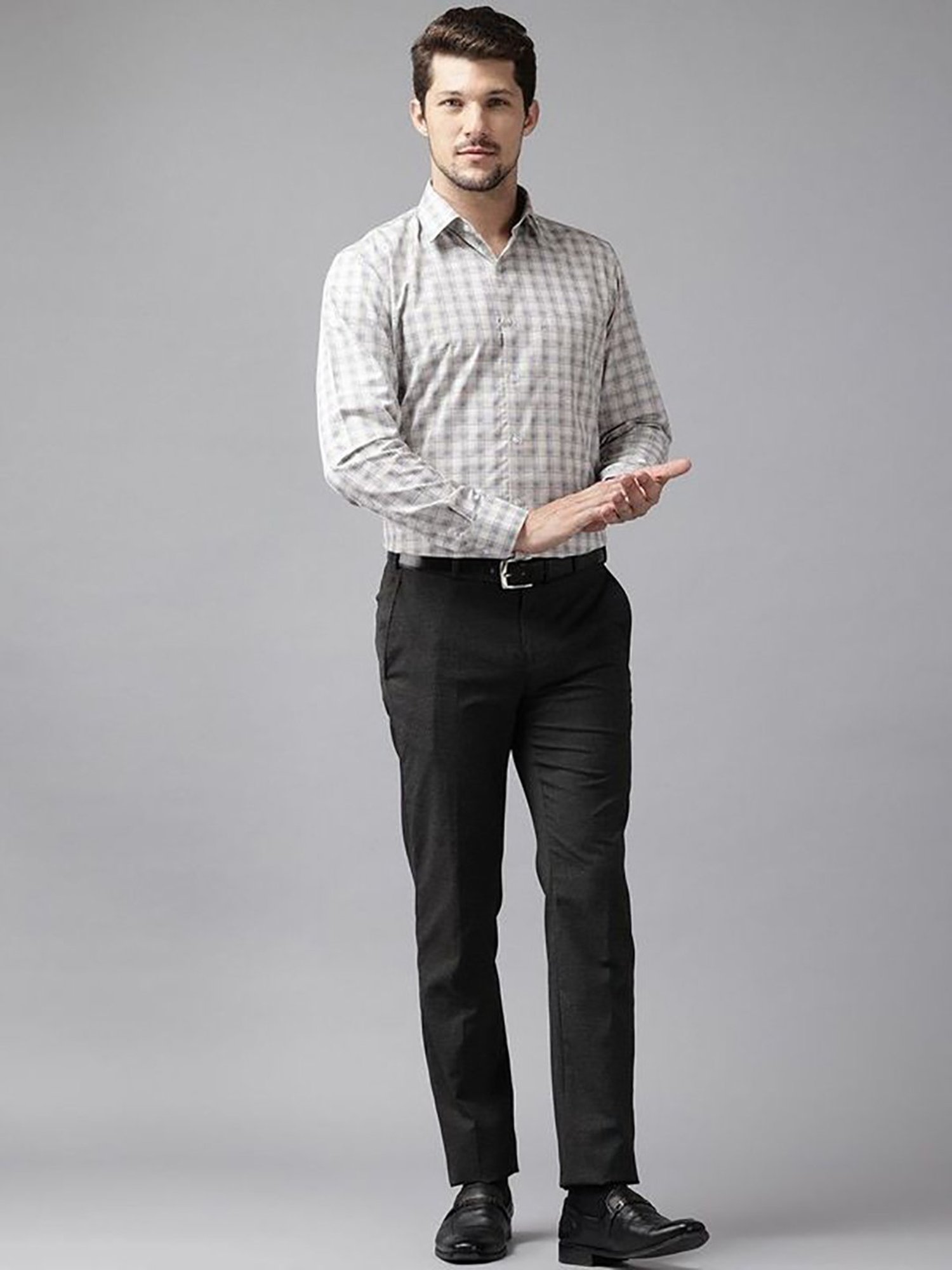 English Navy Beige Slim Fit Checks Shirts