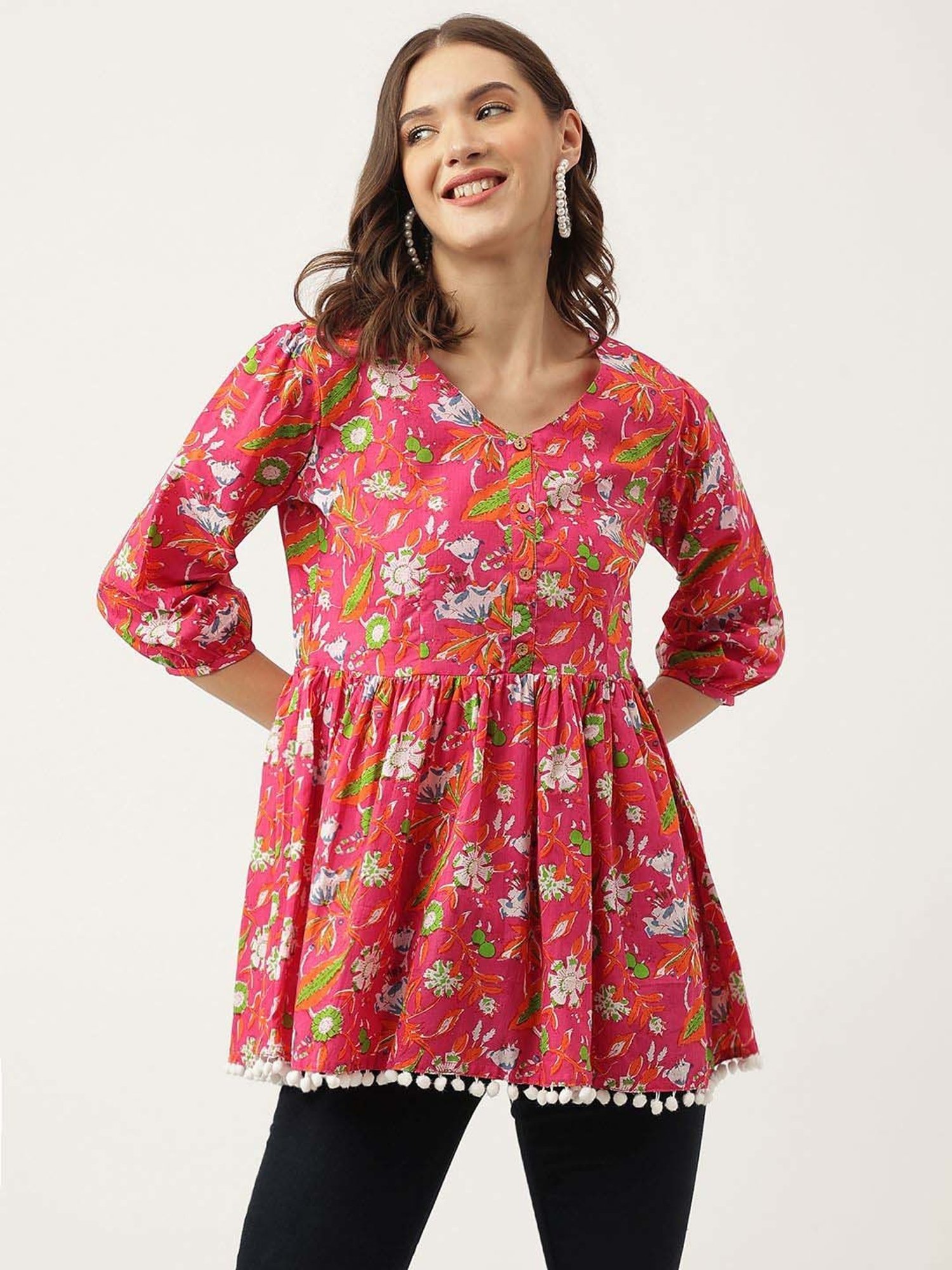 Divena Pink Cotton Floral Print Top