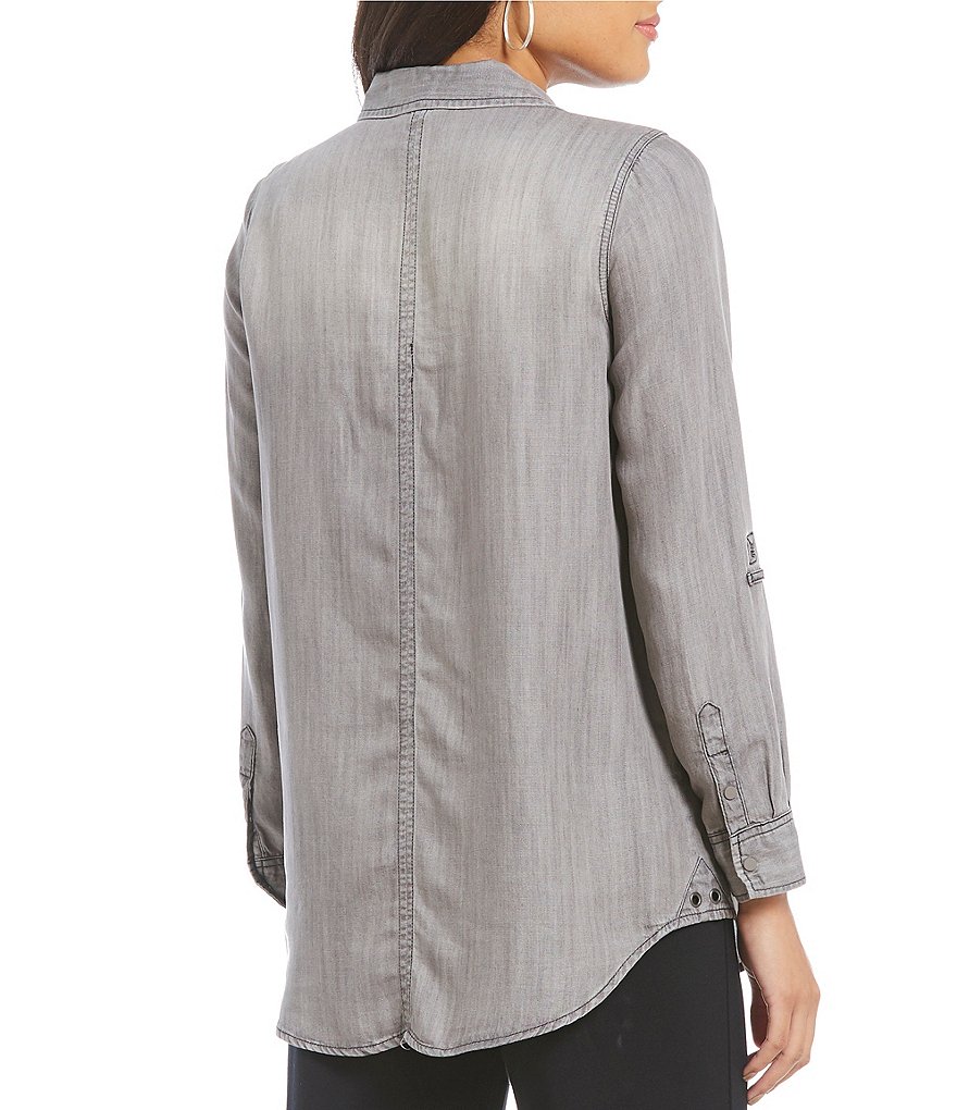 Intro Petites Roll-Tab Sleeve Button Front Slub Lyocell Shirt