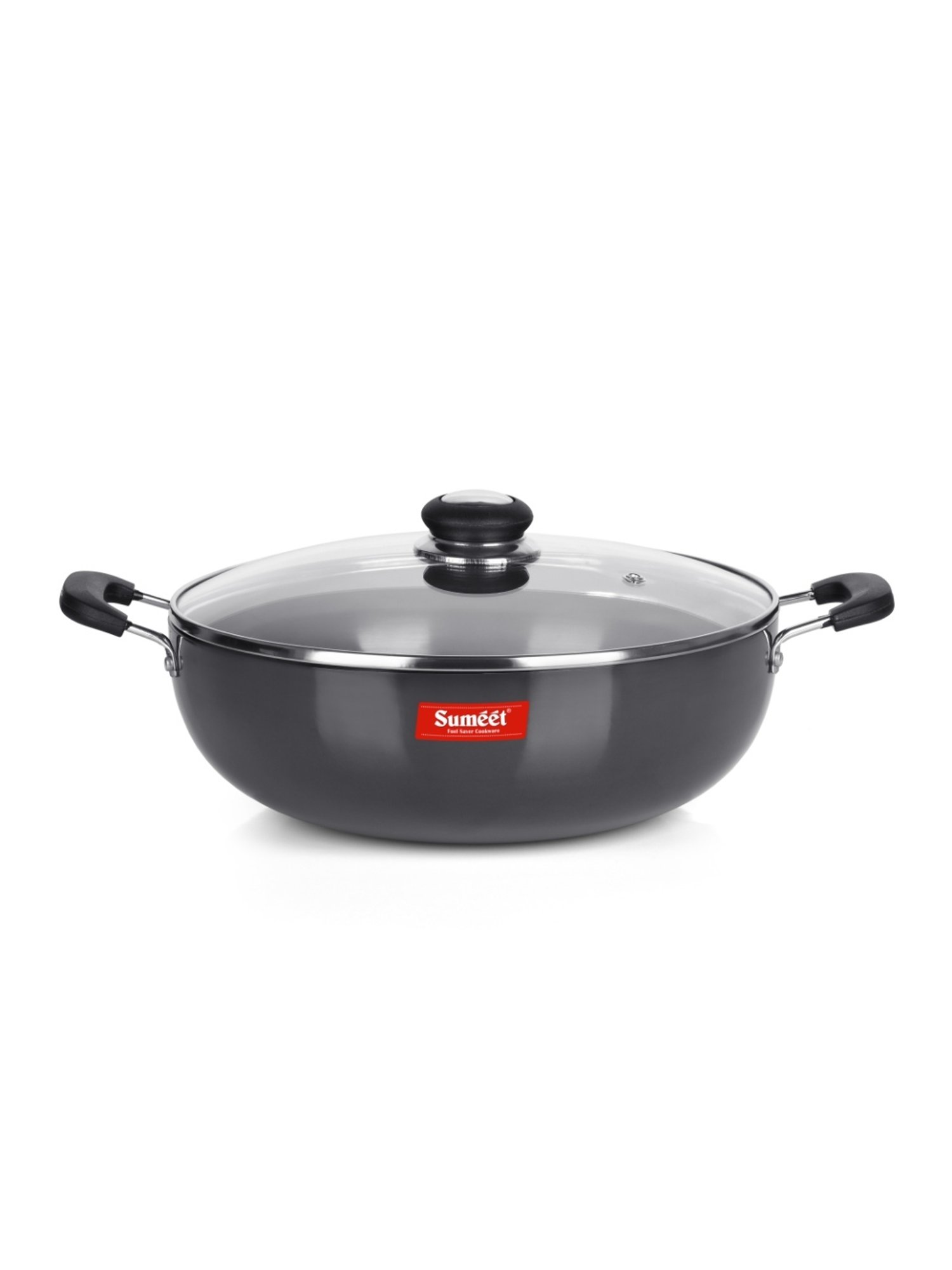 Sumeet 3mm Hard Anodized Deep kadai with Glass Lid Big Size No. - 15 (28.5cm Dia. 4.5 LTR Capacity)