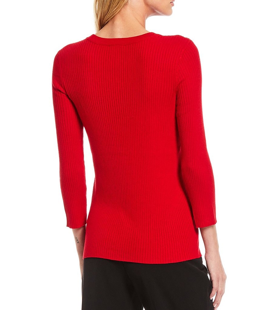 Investments Petite Size Jewel Neck 3/4 Sleeve Ribbed Sweater