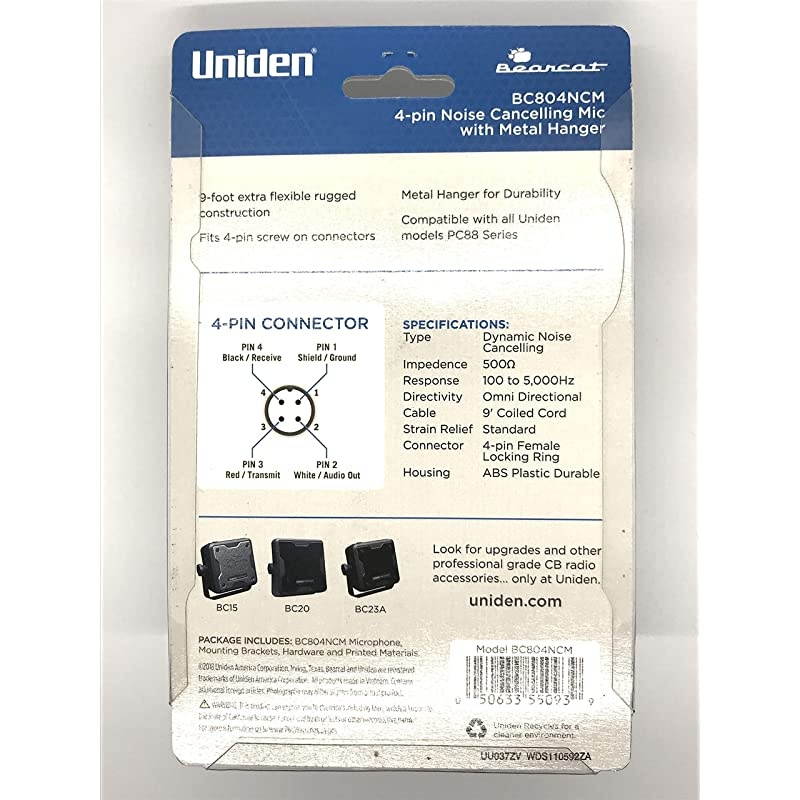 BC804NCM 4Pin NoiseCanceling Microphone Replacement for CB Radios with Metal Hanger Compatible with All Models PC88 Series