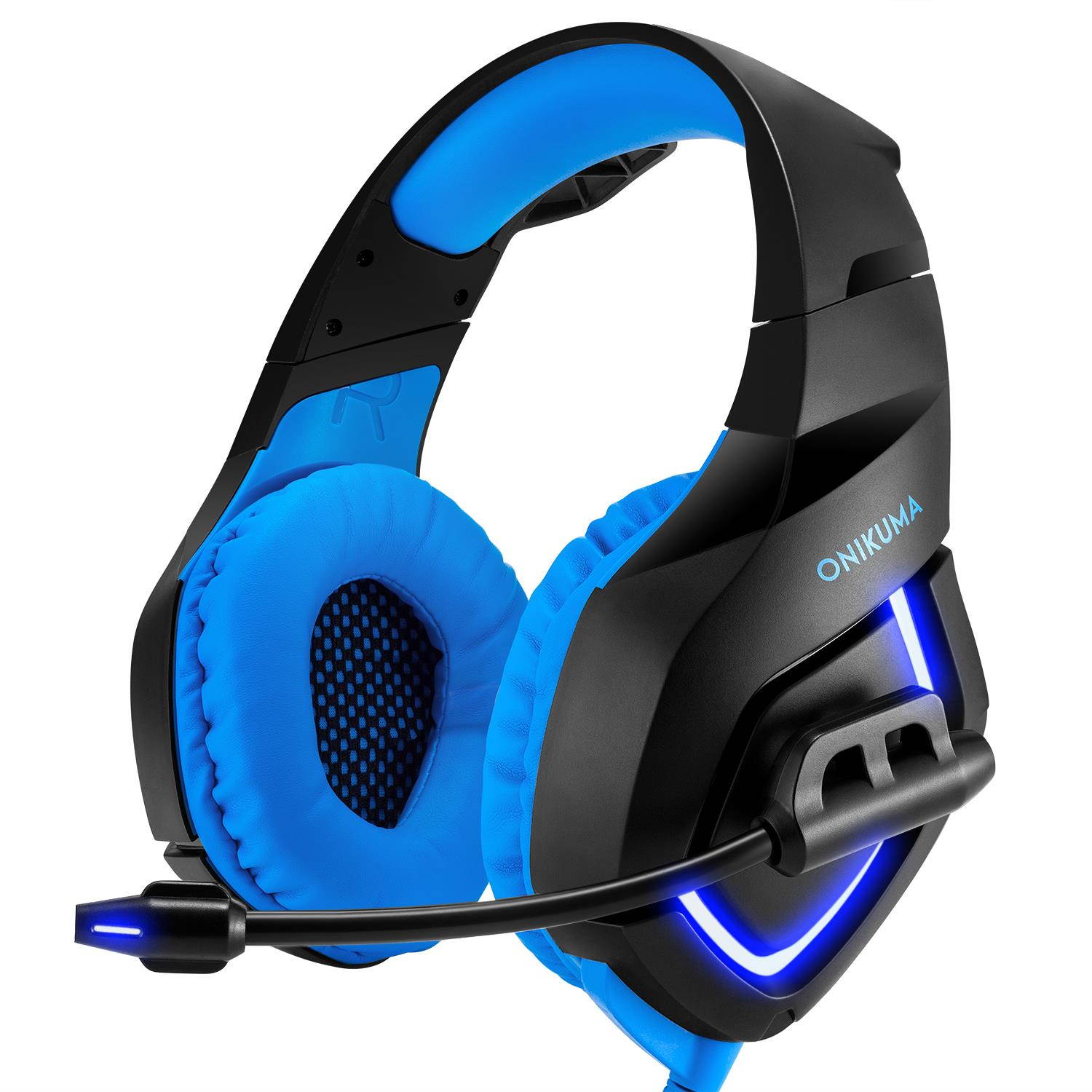 ONIKUMA K1-B with LED Black and blue Gaming Headset Wired Stereo Game Headphones Noise-canceling Gaming Headphone with Mic for PS4 Xbox One Laptop Computer Cellphone