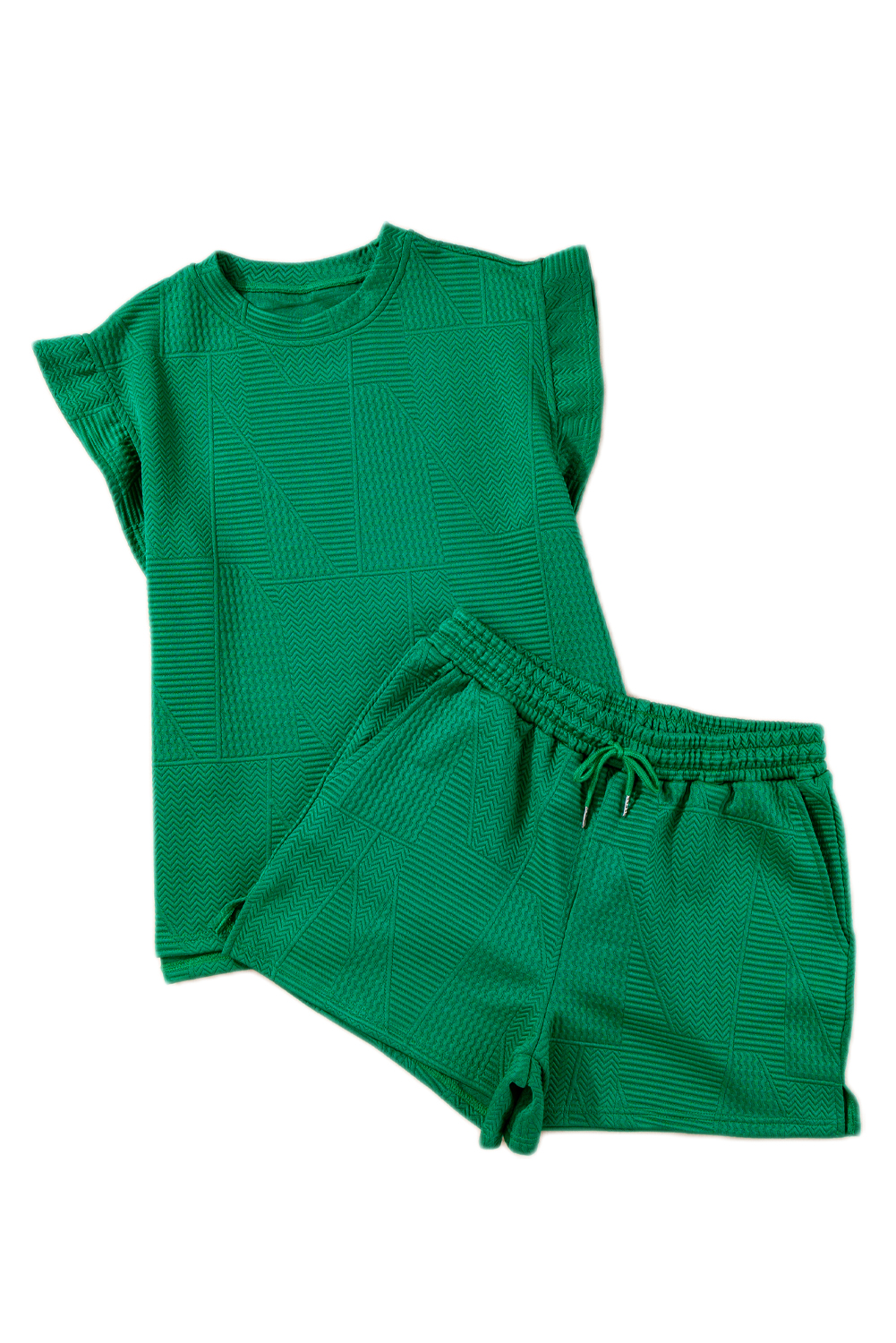 Dark Green Textured Ruffle Split Top and Drawstring Shorts Set