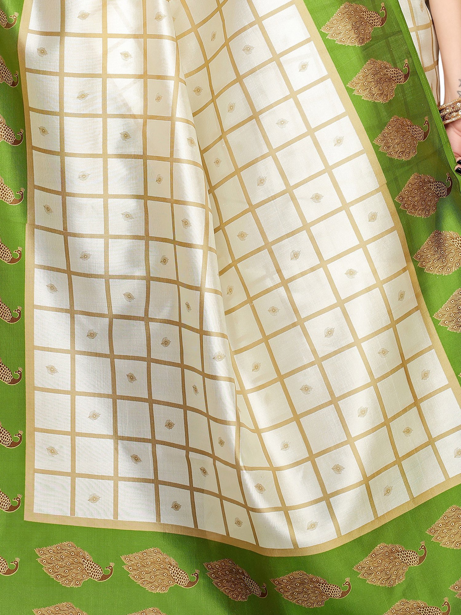 KSUT Green & Beige Check Saree With Blouse