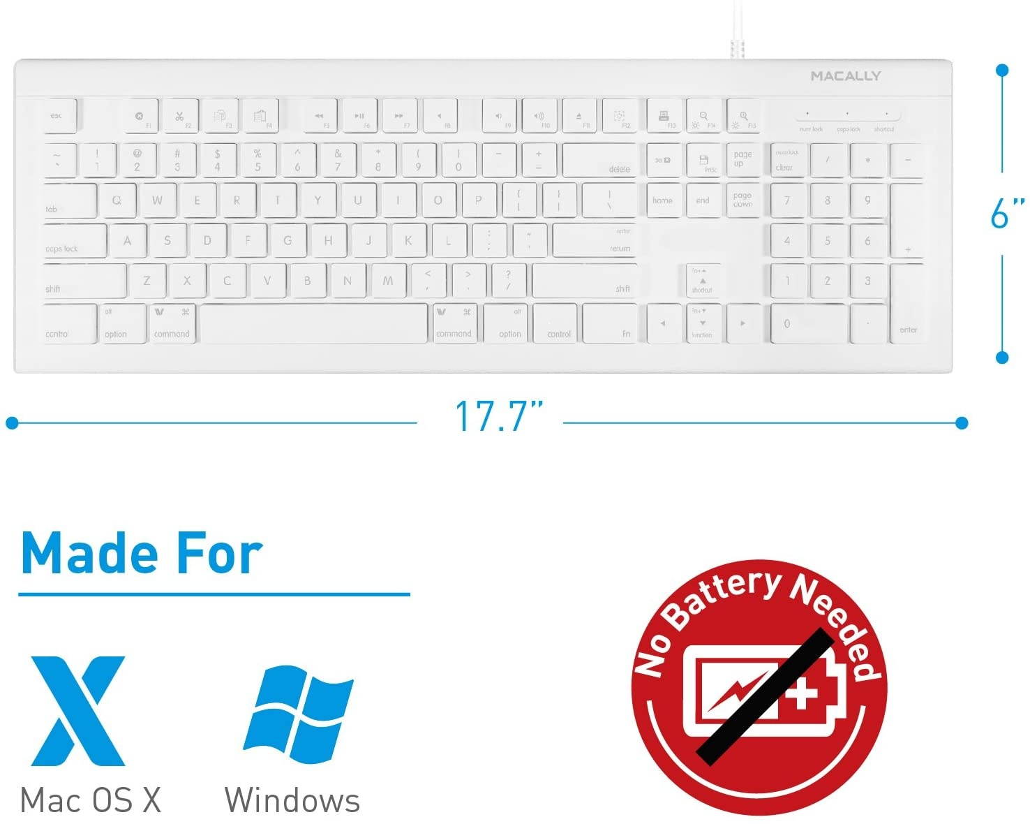 Macally Full Size USB Wired Keyboard for Mac and PC - Plug & Play Wired Computer Keyboard - Compatible Apple Keyboard with 15 Shortcut Keys for Easy Controls & Navigation - White