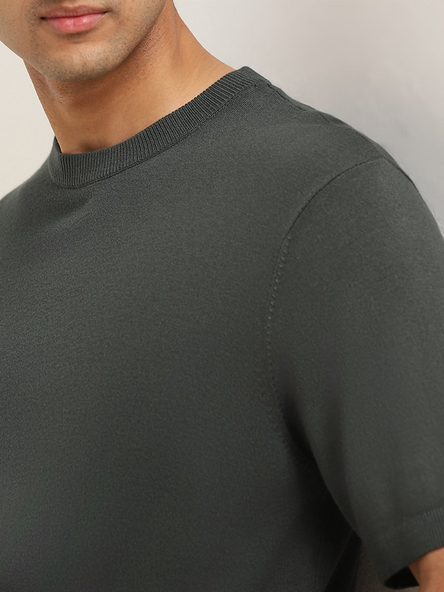 WES Formals by Westside Solid Dark Green Relaxed Fit T-Shirt