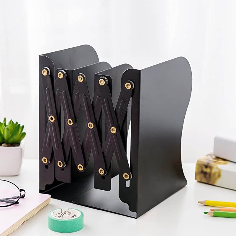 Simple Nature Japanese Style Black White Decorative Metal Iron Bookends Holder Stand Desk Nonskid Adjustable Bookend (Black)