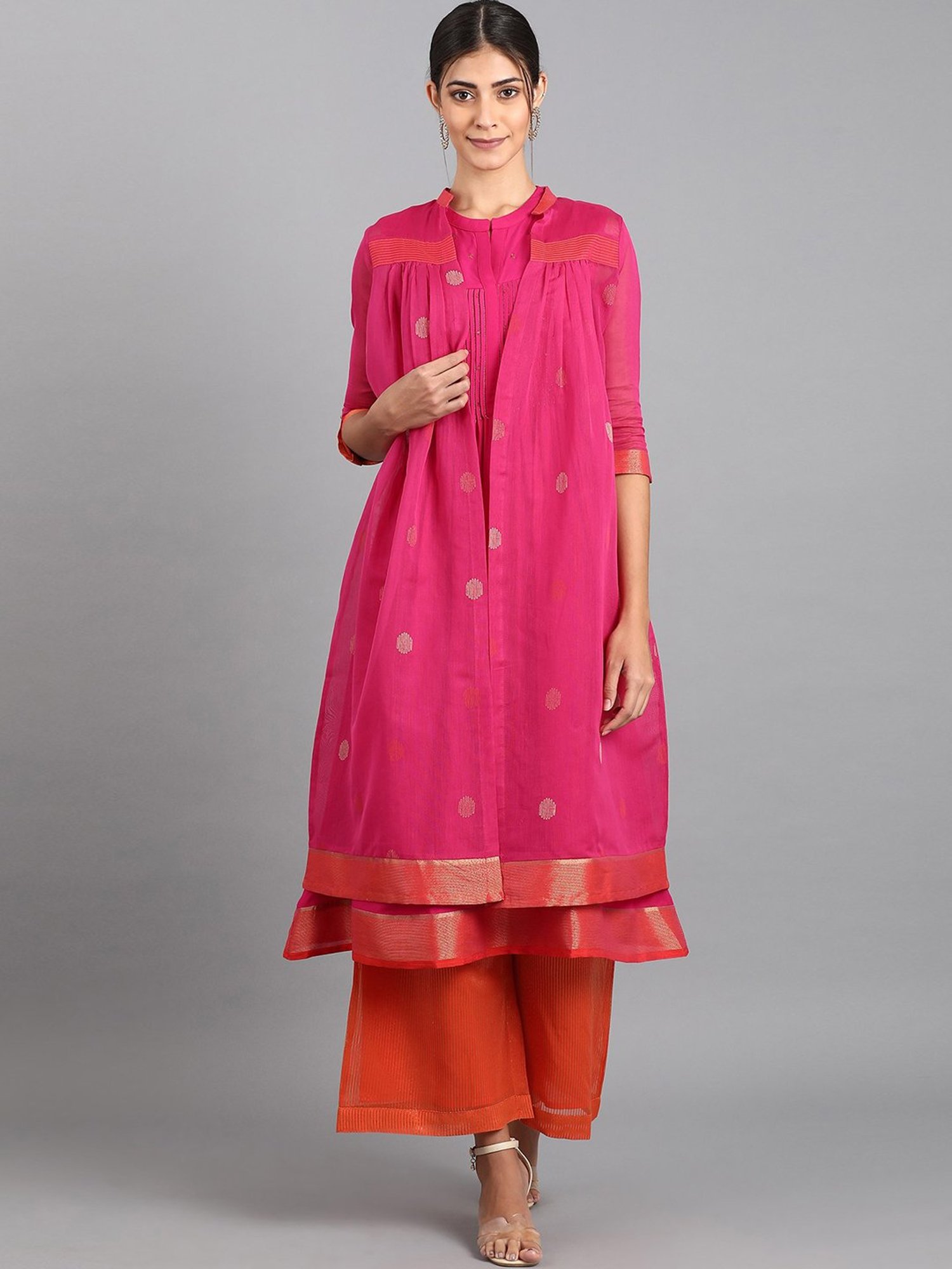 W Pink & Orange Solid Kurti Palazzo Set With Jacket