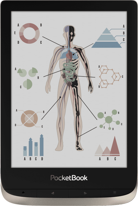 PocketBook Color (Moon Silver). Display: 6" E Ink Kaleido&trade;; Dual Core (2&times;1 GHz); RAM: 1 GB; Flash memory: 16 GB; Wi-Fi; Bluetooth; Audio; Frontlight; Touchscreen; Battery: 1900 mAh (Li-Ion Polymer).