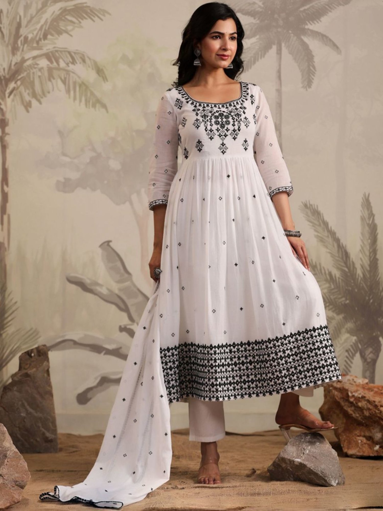 SCAKHI White Mulmul Embroidered Anarkali Kurta And Pant With Dupatta