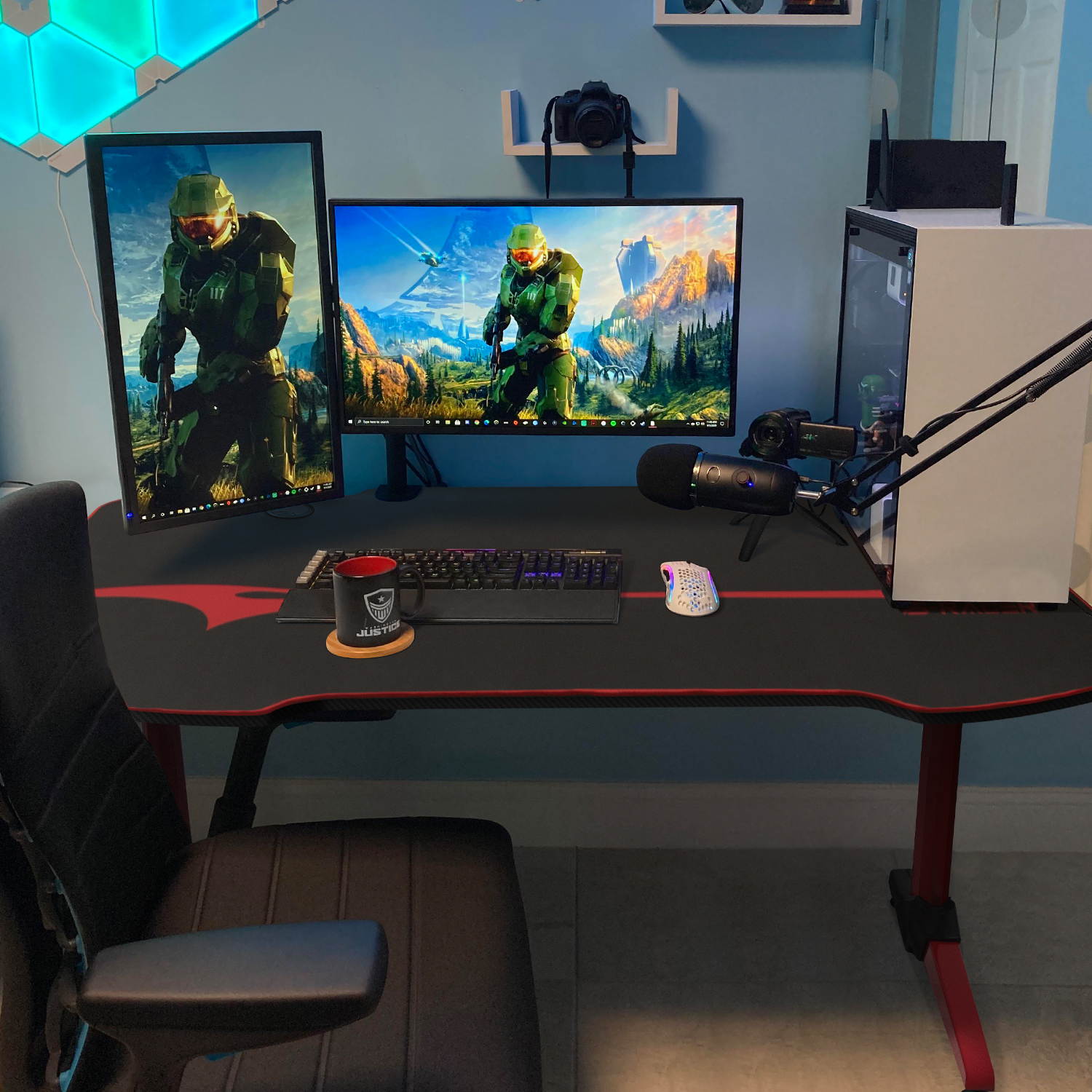 Homall 55 Inch Ergonomic Gaming Desk PC Computer Desk Home Office Table T-shaped Frame Table for Pressional Game Lover with Free Mouse Pad, Headphone Hook, Game Handle Rack and Cup Holder (Red)