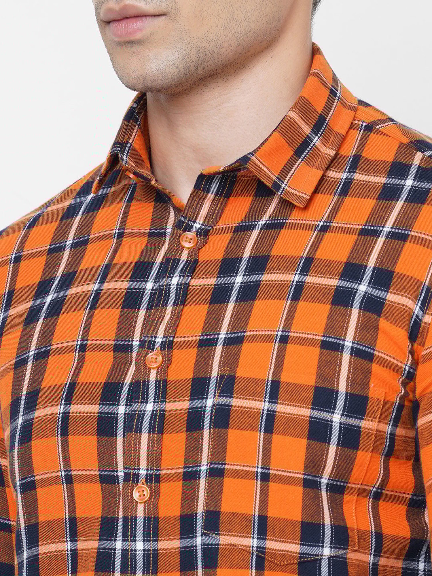 SOLEMIO Blue & Orange Slim Fit Check Cotton Shirt