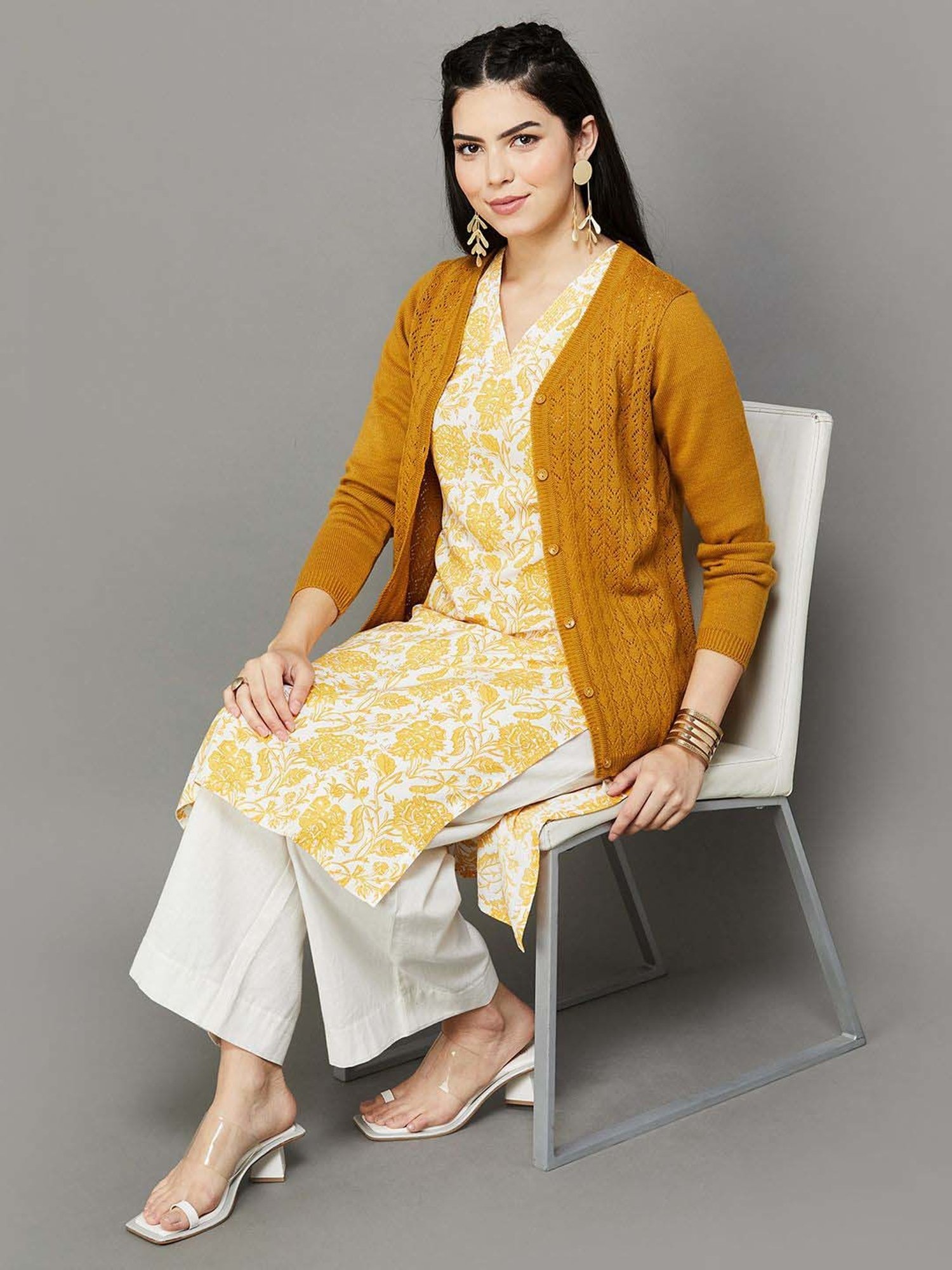 Melange by Lifestyle Yellow Self Pattern Cardigan