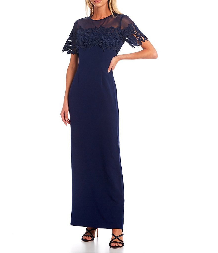 Jkara Chiffon Popover Beaded V-Neck 3/4 Capelet Sleeve Gown