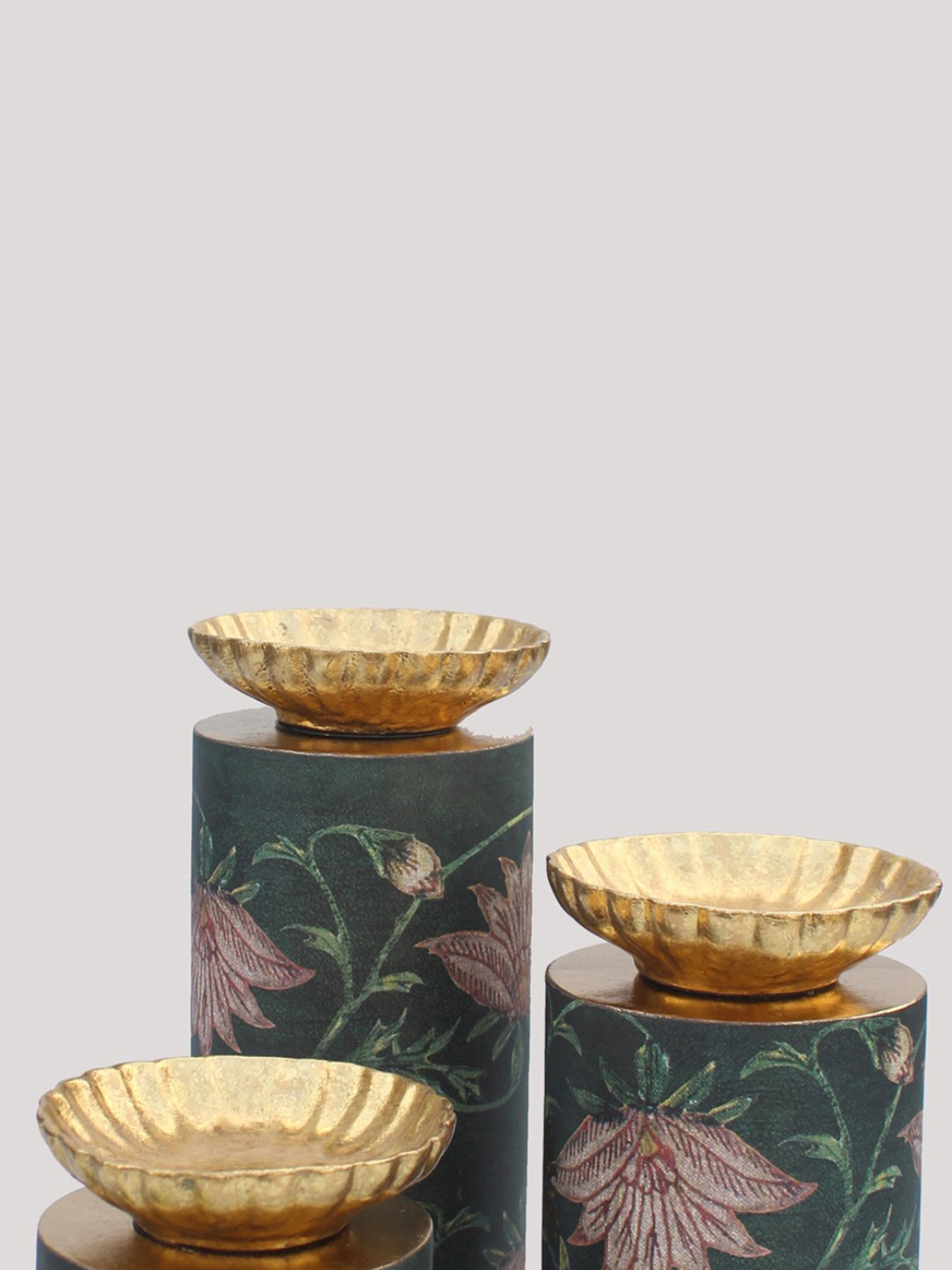 Karo Aafiya Printed Dark Green Wood Large Pillar Candle Holder