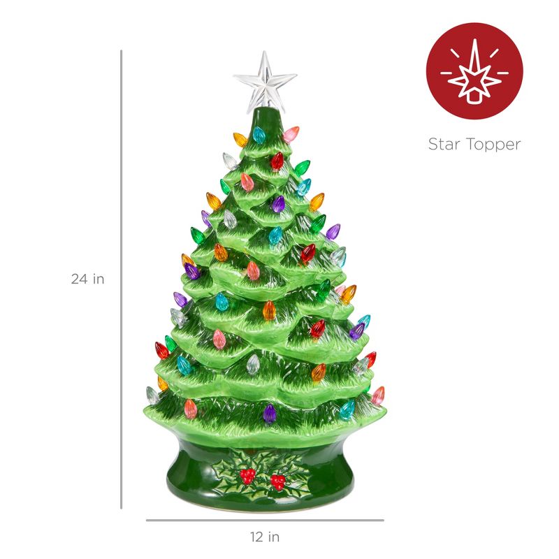 Best Choice Products 24in X-Large Pre-Lit Ceramic Christmas Tree Battery-Powered Decoration w/ LED Light, Timer - Green