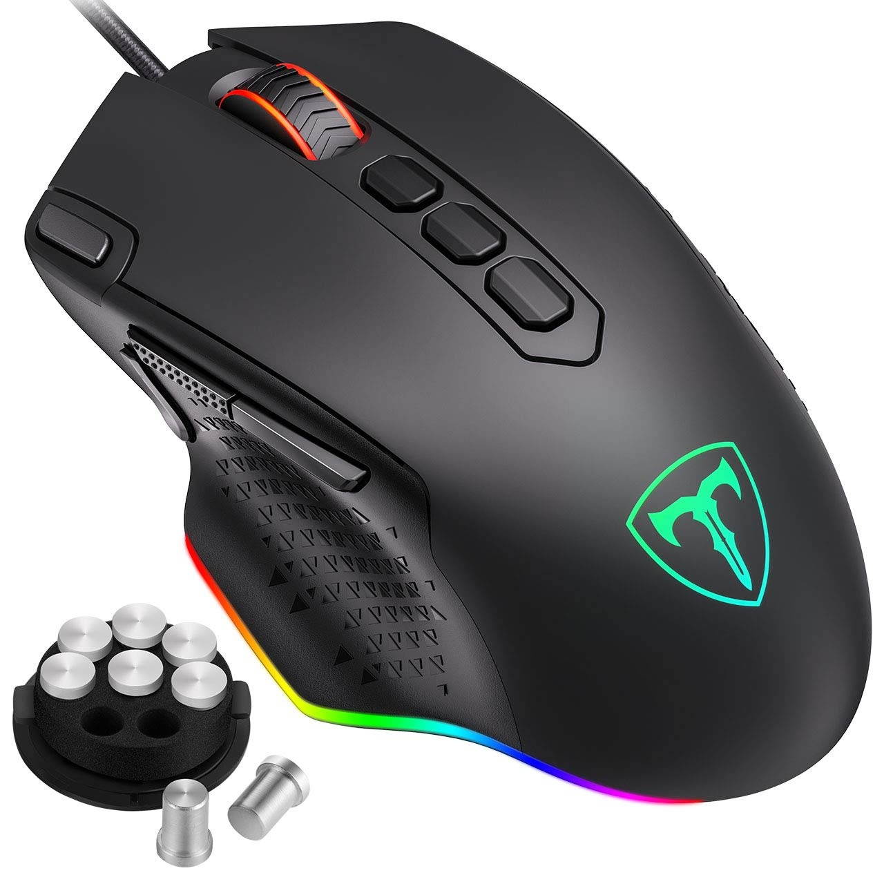 PICTEK RGB Gaming Mouse Wired Mouse Gaming with Weight Tuning Set in the Mouse with 12000 DPI Fire & Sniper Button 10 Programmable Buttons