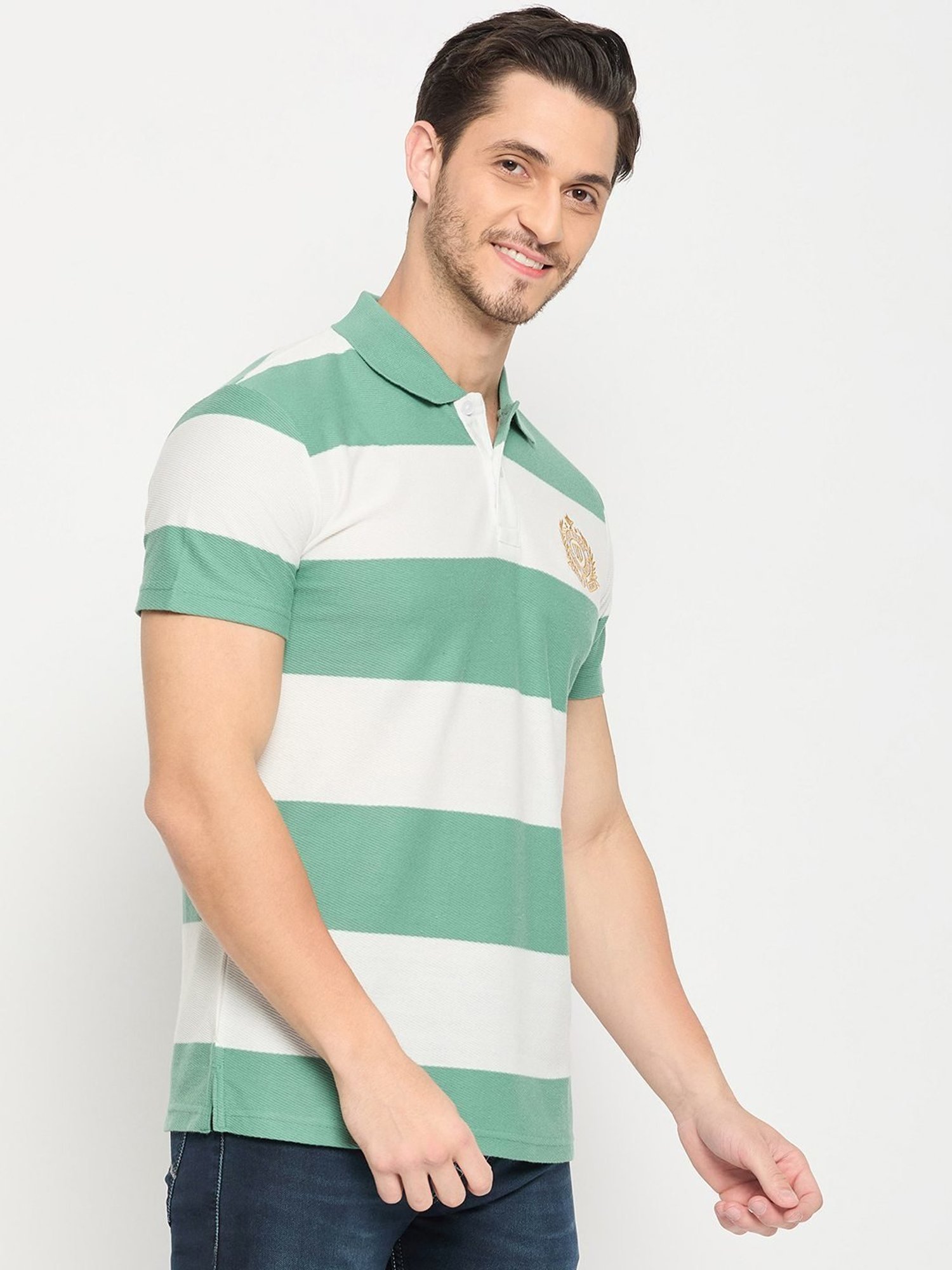 Duke Green & White Slim Fit Striped Polo T-Shirt