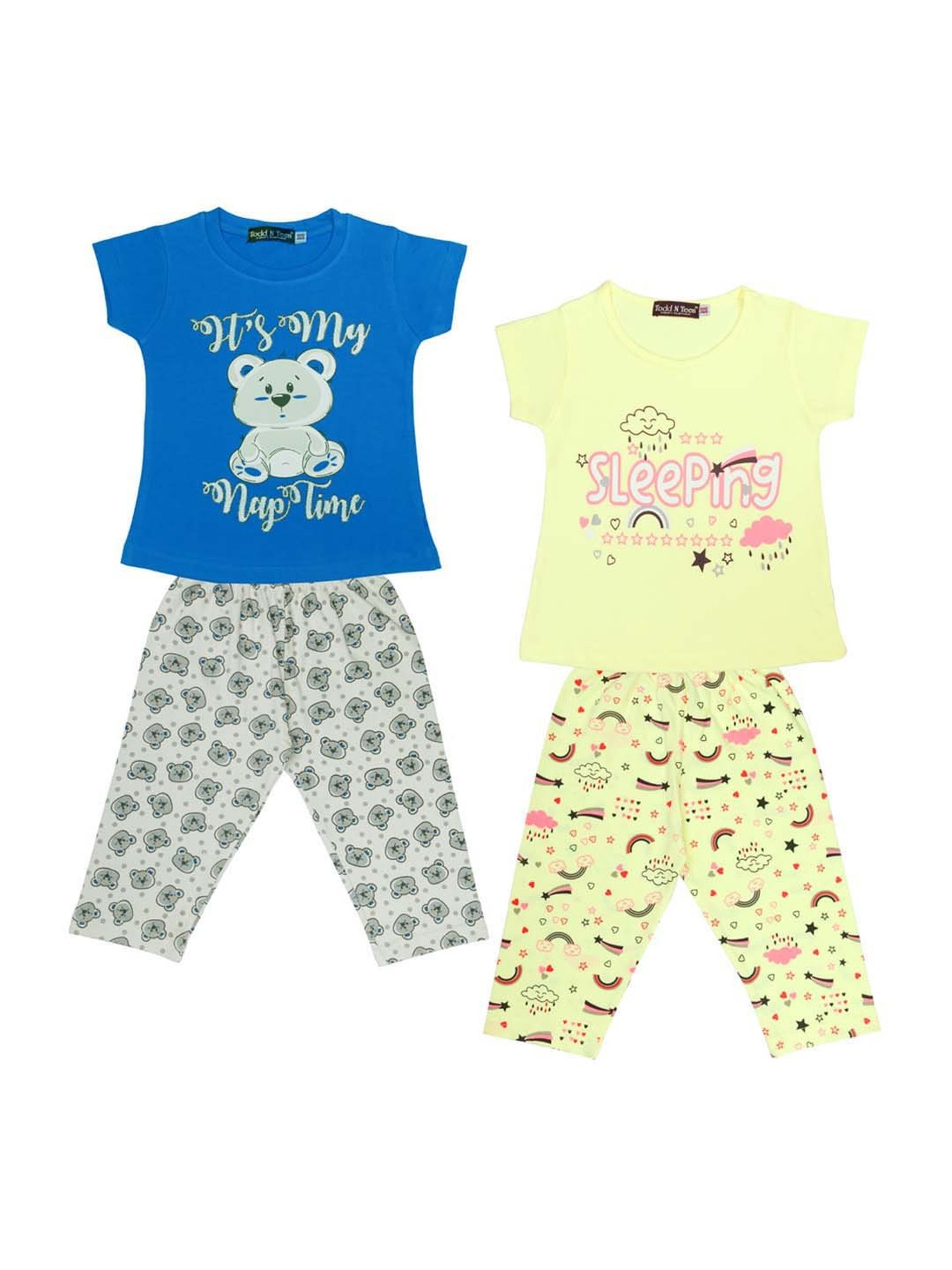 Todd N Teen Kids Blue & Yellow Cotton Printed T-Shirt & Capris - Pack of 2