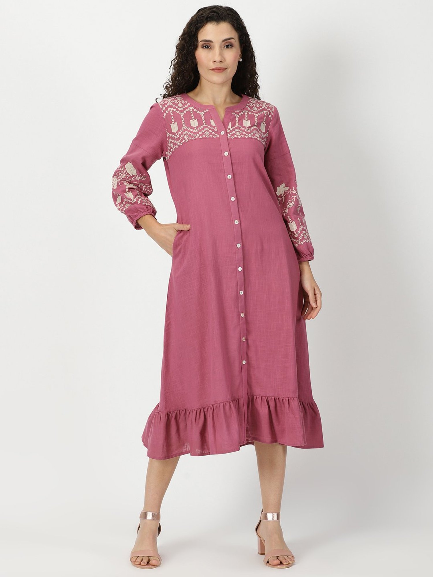Saffron Threads Pink Cotton Embroidered Ethnic Dress