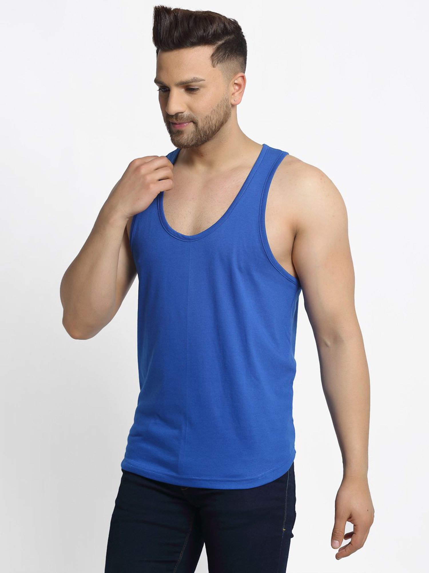Friskers Blue Cotton Slim Fit Vest
