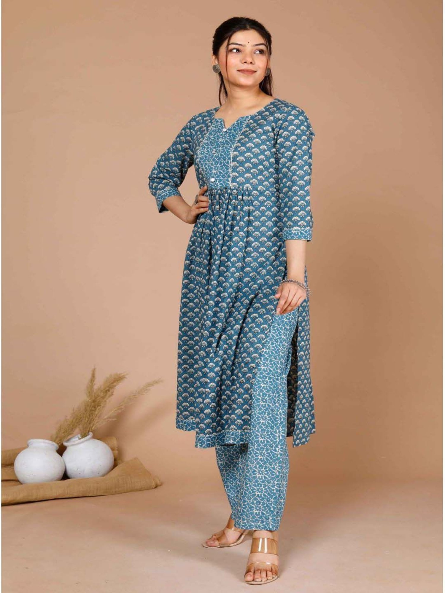 Miravan Blue Cotton Printed Kurta Pant Set