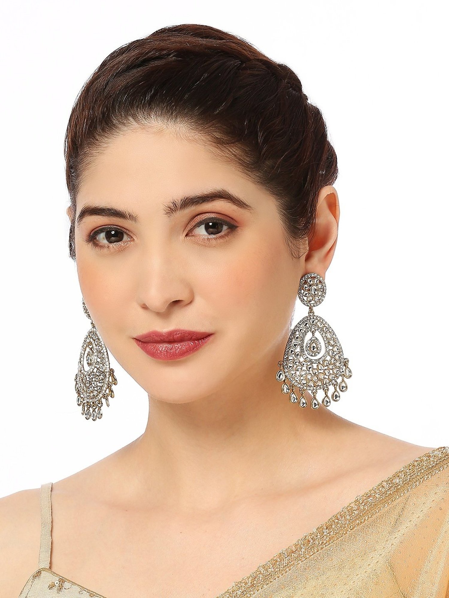 Oomph Gold Tone Jadau Kundan Large Ethnic Stylish Latest Dangler Earrings