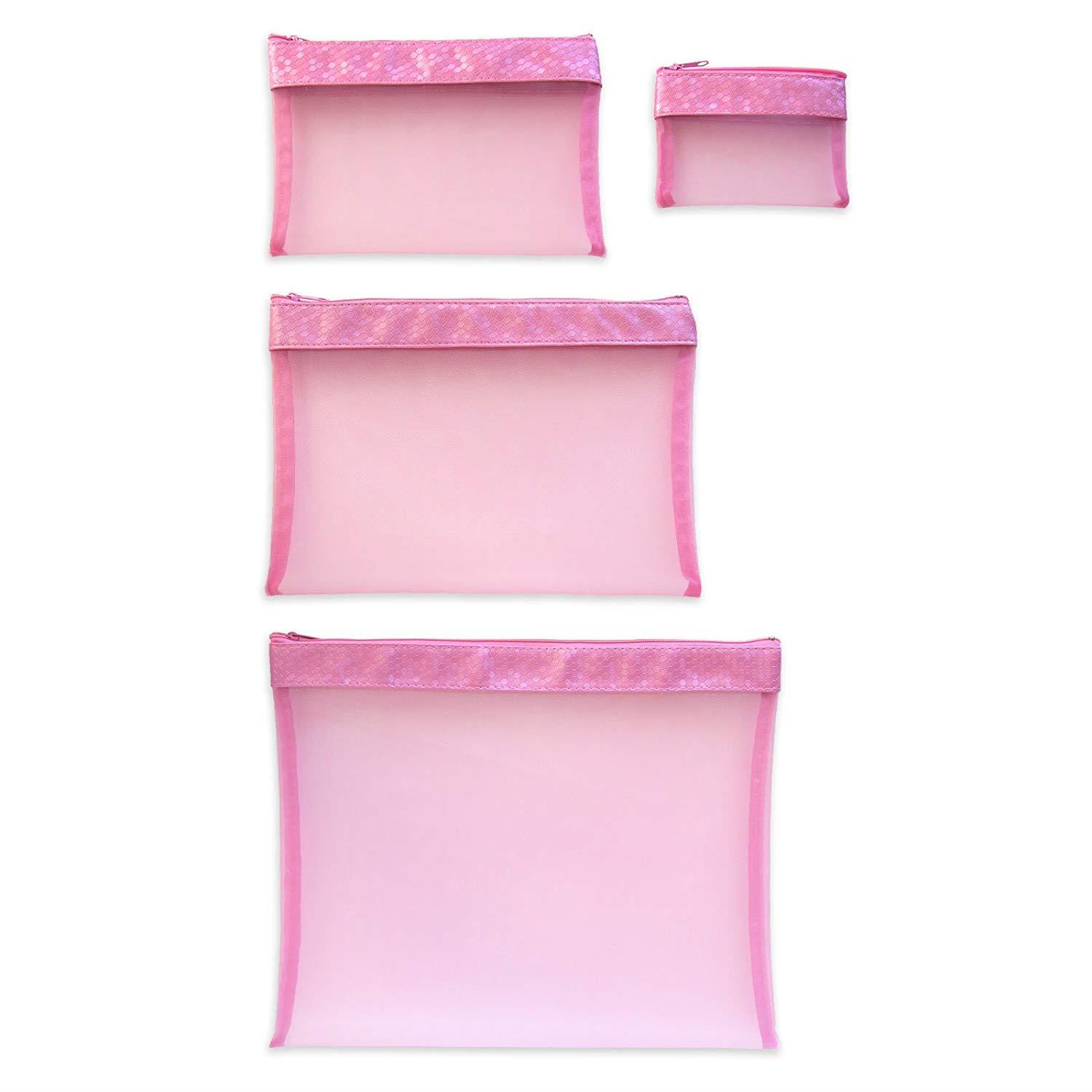 Multi Purpose 4 Piece Mesh Bag Set for Travel, Office Supplies, Cosmetic, Paper, Bill and Credit Card Bag (Pink)